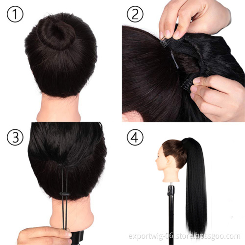 Afro Kinky Straight Long 22 Inch Drawstring Ponytail Hair Extension Clip Synthetic Hairpieces Yaki With Synthetic Hair Bun